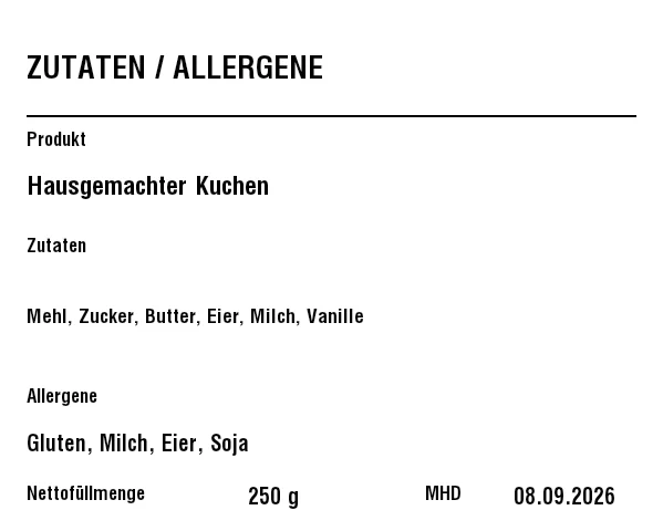 Vorschau von Allergen-/Zutatenlabel