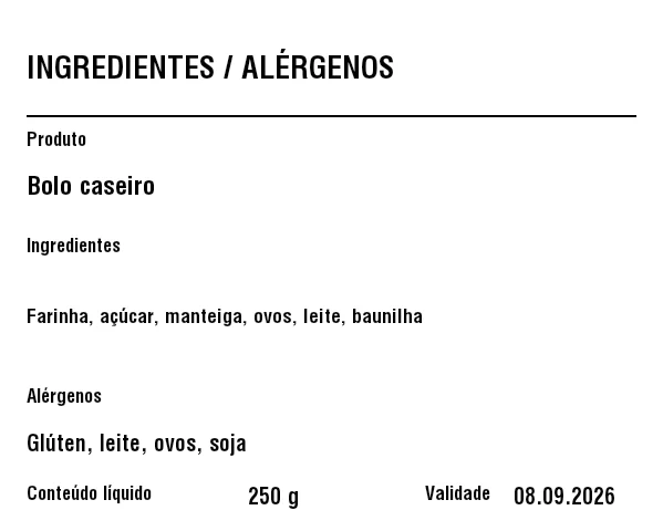 Prévia de Etiqueta de alérgenos/ingredientes