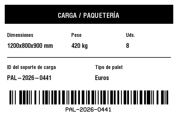 Vista previa de Etiqueta de carga y dimensiones