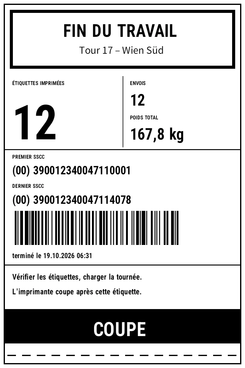 Aperçu de Logistique : étiquette de fin avec totaux et coupe