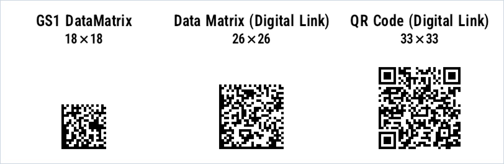 Drei von zplCore gerenderte 2D-Codes mit gleichem Inhalt und gleicher Modulgröße: GS1 DataMatrix mit 18 × 18 Modulen, Data Matrix mit GS1 Digital Link mit 26 × 26 Modulen und QR-Code mit GS1 Digital Link mit 33 × 33 Modulen