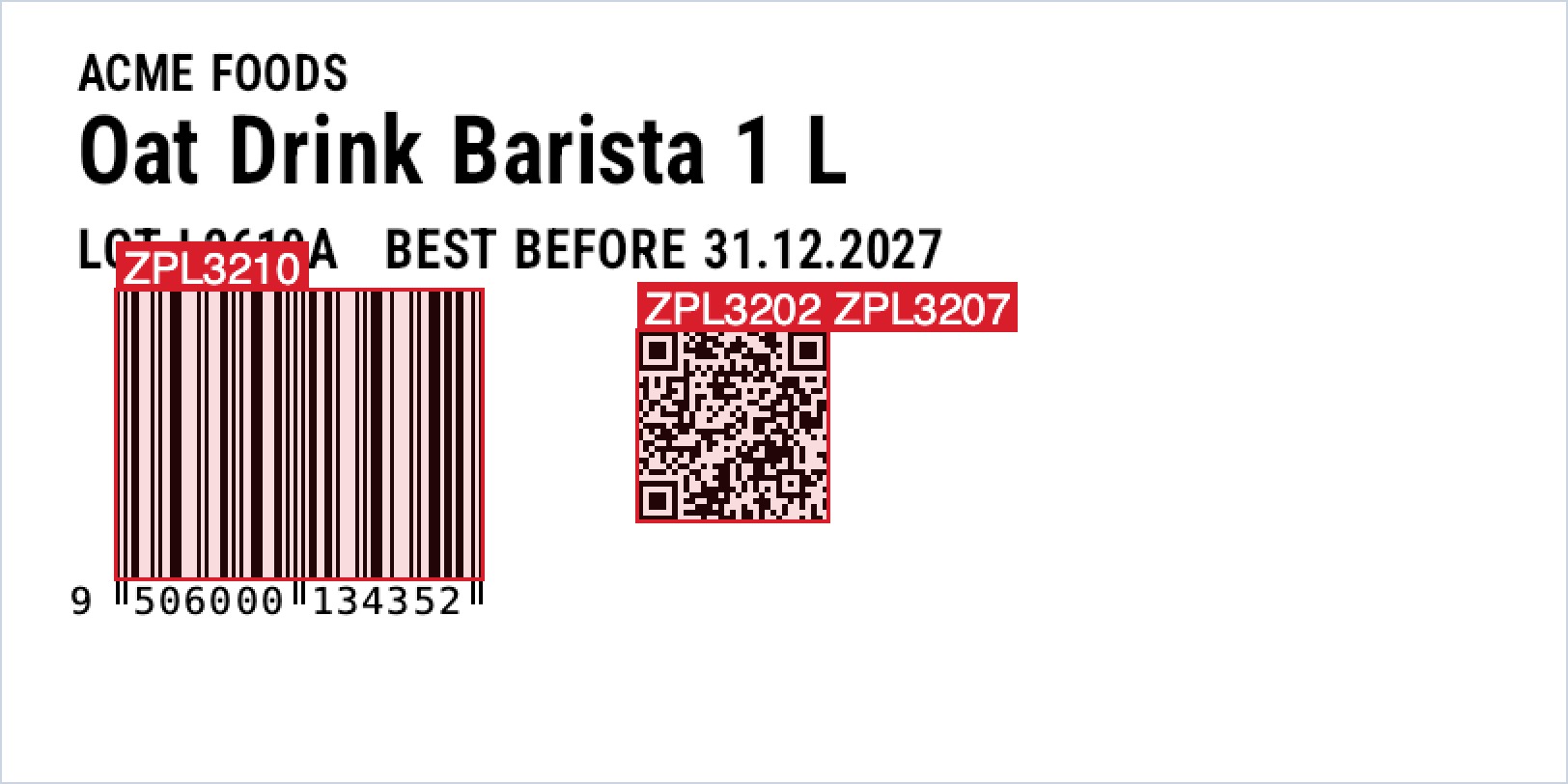 Von zplCore annotiertes Etikett: der EAN-13 ist mit Regel ZPL3210 markiert, der zu kleine QR-Code mit den Regeln ZPL3202 und ZPL3207