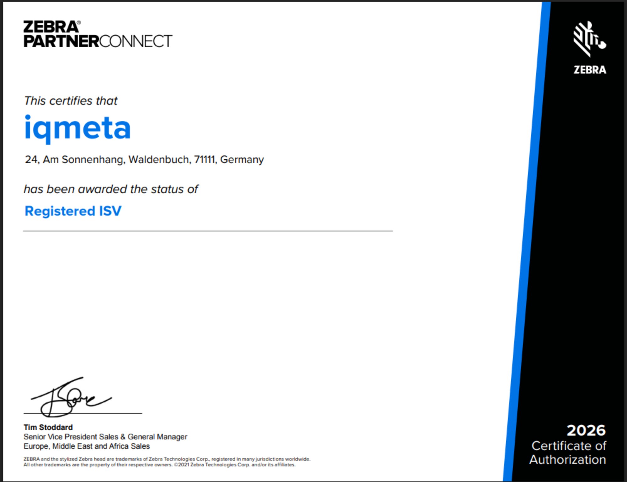 Certificado de Autorização Zebra PartnerConnect 2026 - iqmeta GmbH, Registered ISV