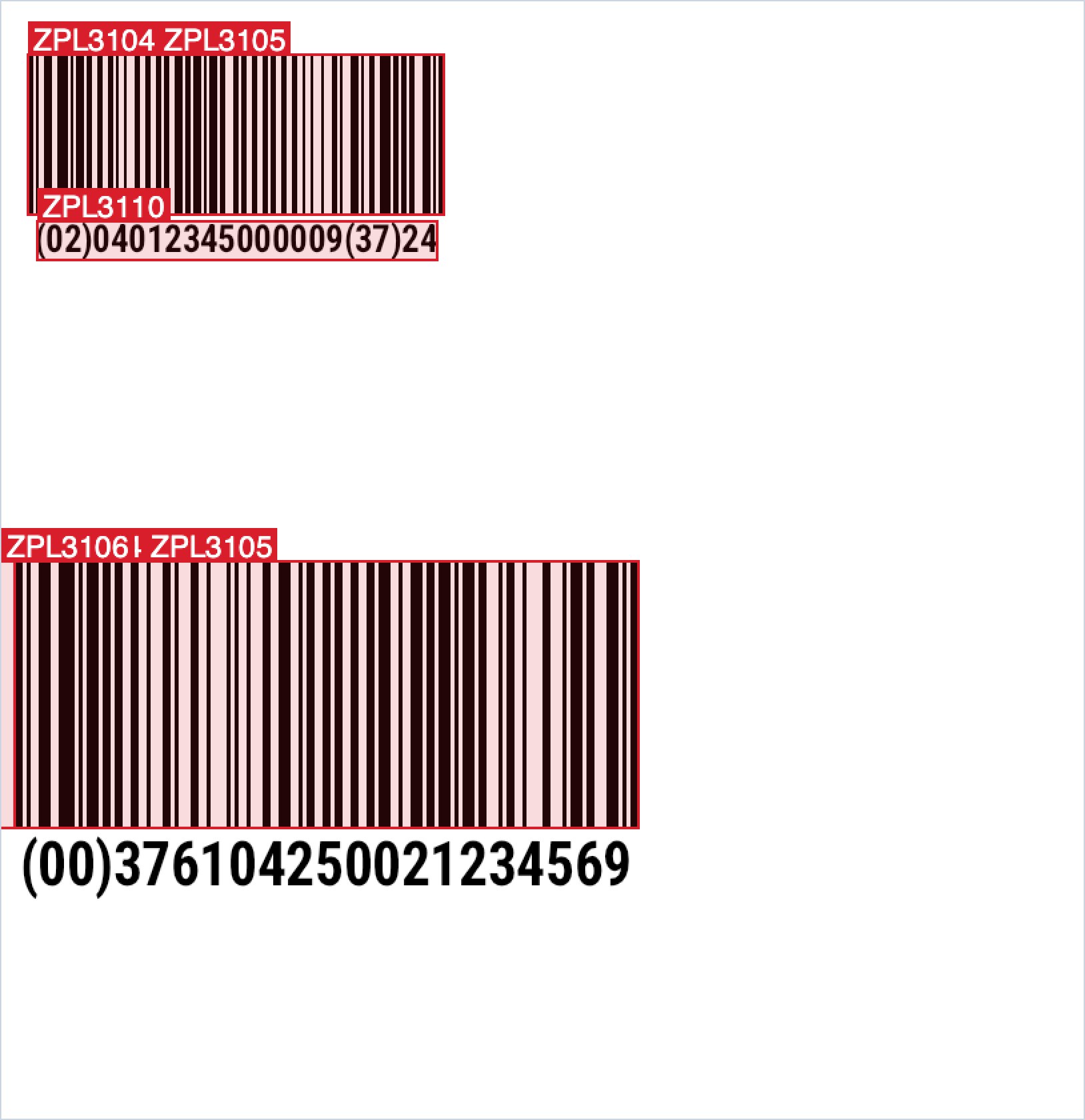 Metà inferiore di un’etichetta pallet SSCC annotata da zplCore: entrambi i codici a barre GS1-128 sono evidenziati in rosso con le regole ZPL3104, ZPL3105, ZPL3106 e ZPL3110