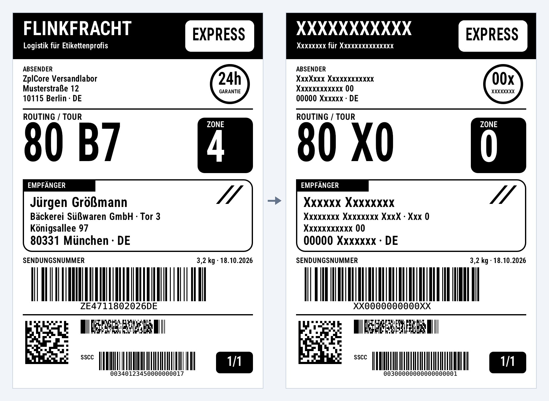 Due etichette di spedizione renderizzate da zplCore: a sinistra l’originale con mittente, destinatario, numero di tracking e codici a barre 2D, a destra la versione oscurata, in cui nomi, indirizzi, numero di tracking e contenuti dei codici a barre sono sostituiti da segnaposto con lo stesso layout