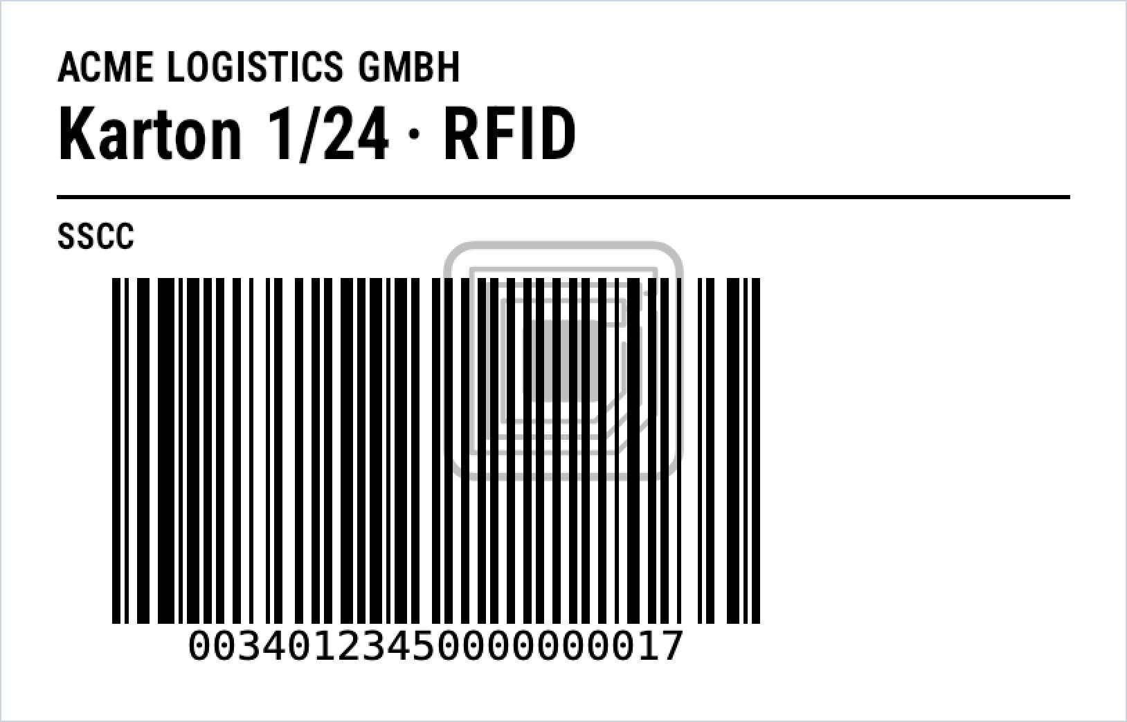 Etichetta per cartone renderizzata da zplCore con un codice a barre SSCC GS1-128 e il simbolo RFID grigio che le anteprime mostrano per le etichette con un comando di scrittura RFID