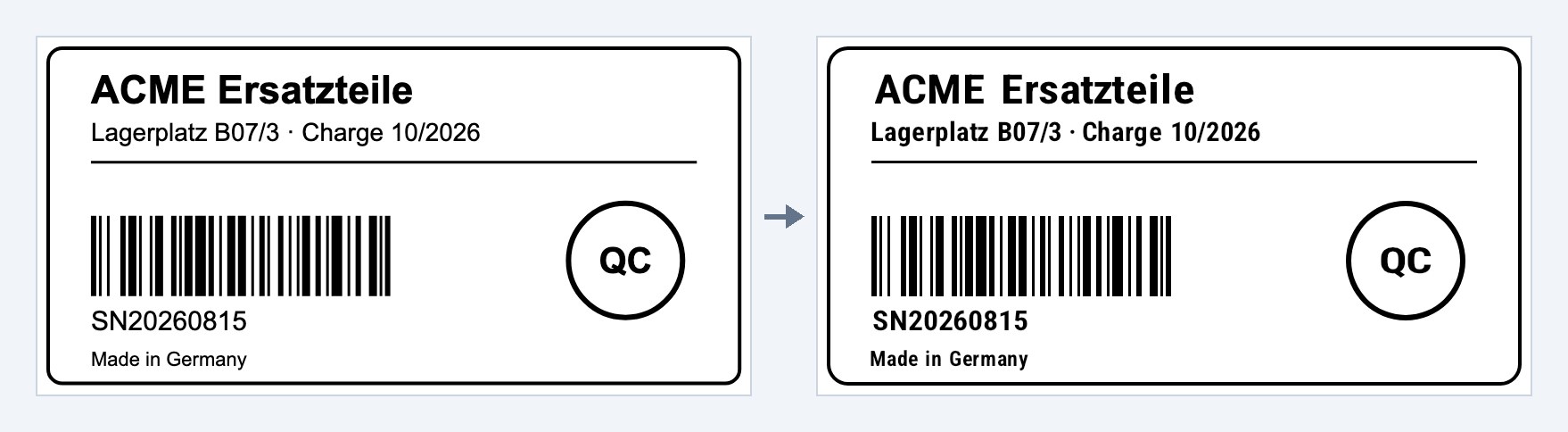 A sinistra un’etichetta SVG con titolo, ubicazione di magazzino, linea, Code 128, numero di serie e timbro QC; a destra la stessa etichetta renderizzata da ZPL nativo, con testo nel font 0, un Code 128 come ^BC e cornice, linea e cerchio come forme ZPL