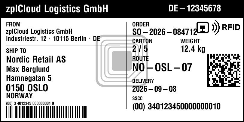 Étiquette d'expédition GS1 avec RFID · 102 × 51 mm · 203 dpi